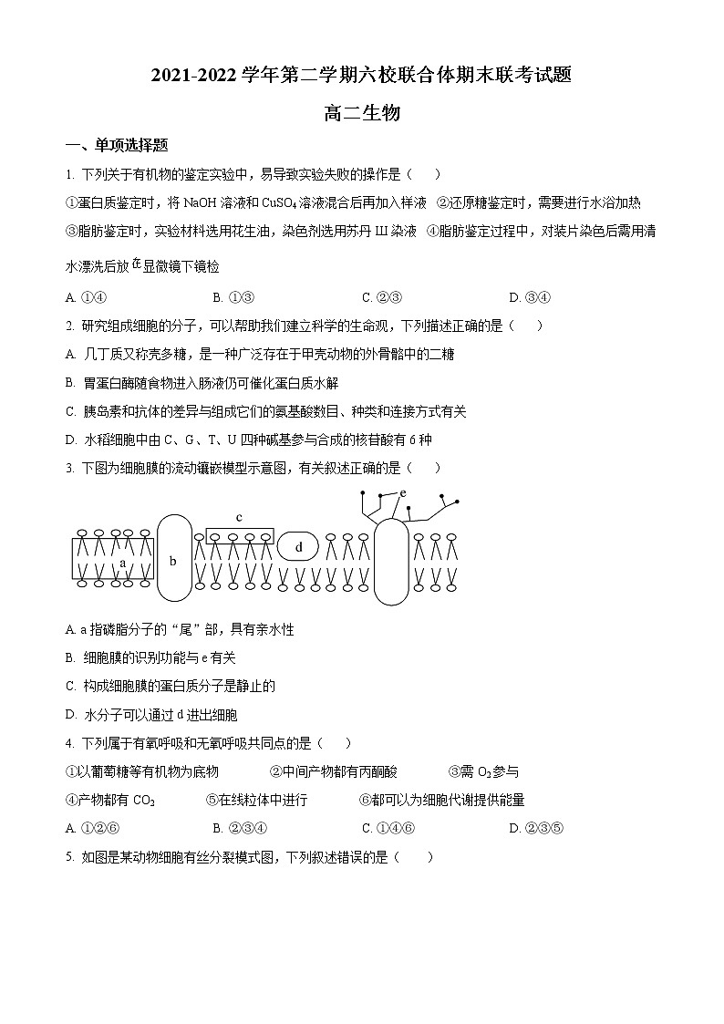 2022南京六校联合体高二下学期期末联考试题生物含解析01