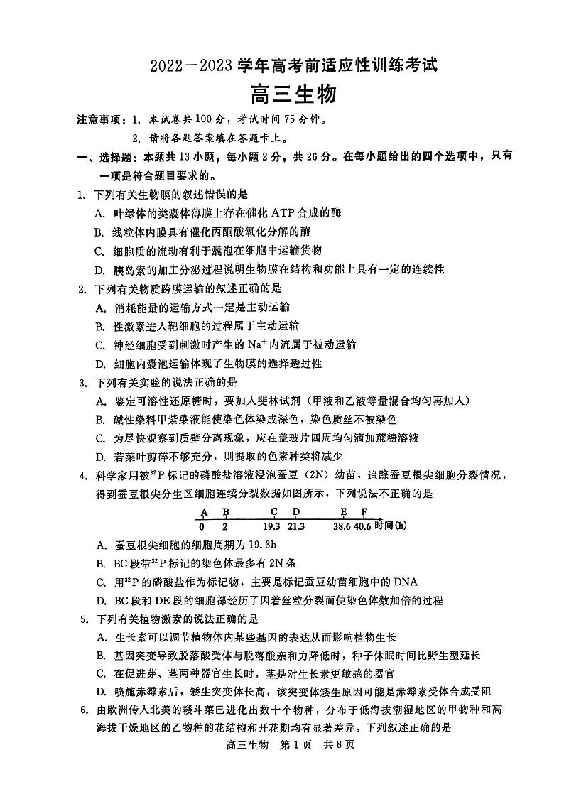 2023届河北省高三下学期高考前适应性考试生物第1页