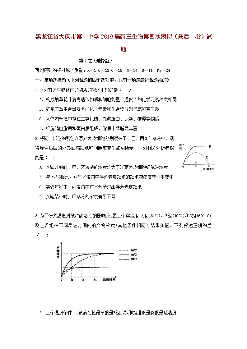 高中生物高考黑龙江省大庆市第一中学2019届高三生物第四次模拟（最后一卷）试题第1页