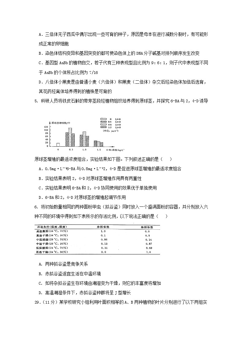 高中生物高考黑龙江省大庆实验中学2019届高考生物得分训练试题（二）02