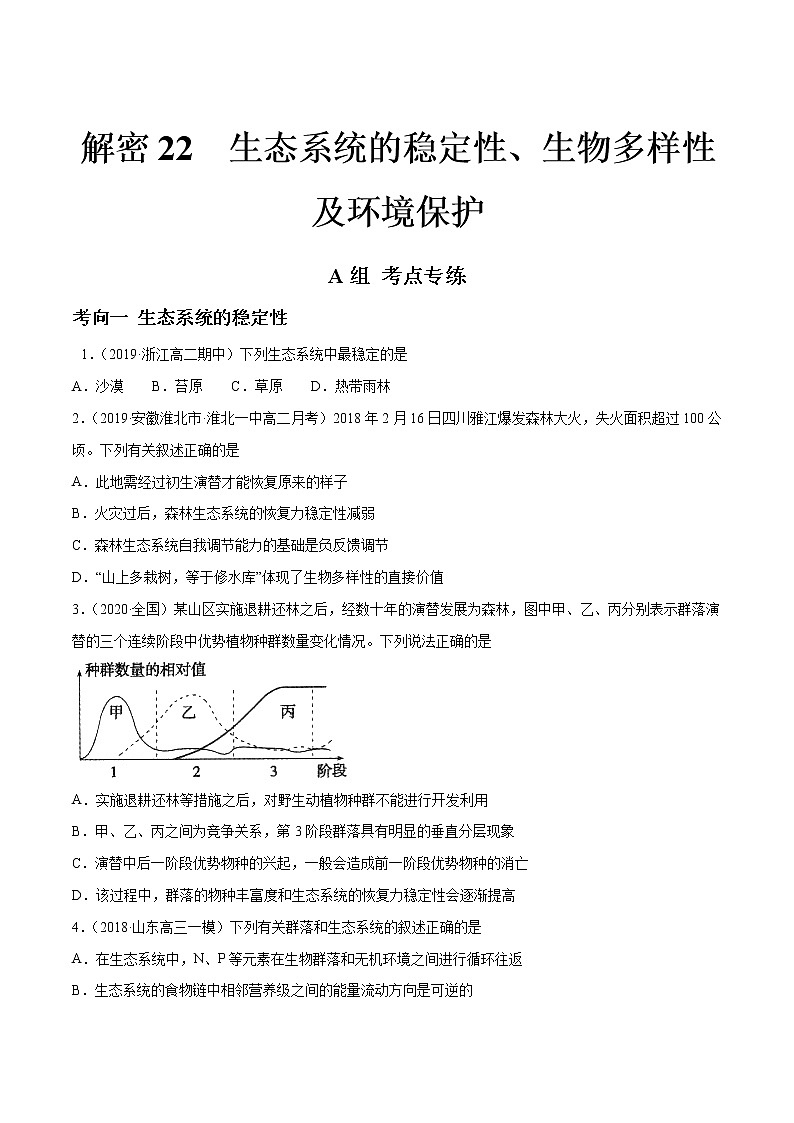 高中生物高考解密22 生态系统的稳定性、生物多样性及环境保护（分层训练）（原卷版）第1页
