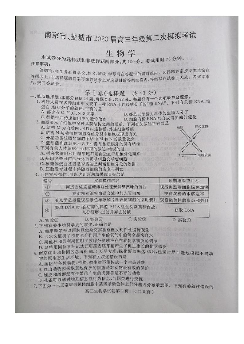 2023南京、盐城-高三下学期第二次模拟考试生物卷PDF含答案01