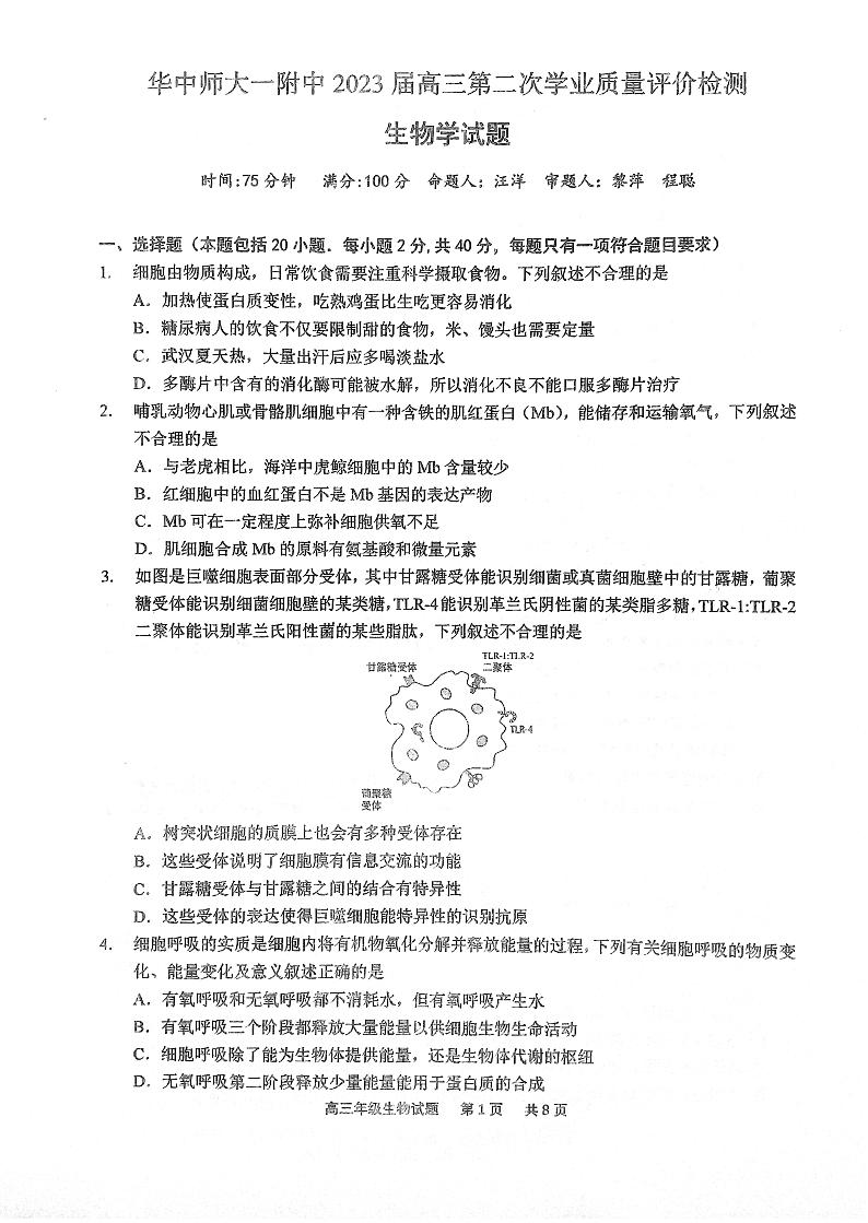 2023湖北省华中师范大学第一附中高三第二次学业检测生物试题PDF无答案第1页