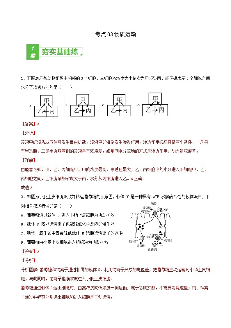 高中生物高考考点03 物质运输-2022年高考生物一轮复习小题多维练（新高考专用）（解析版）第1页