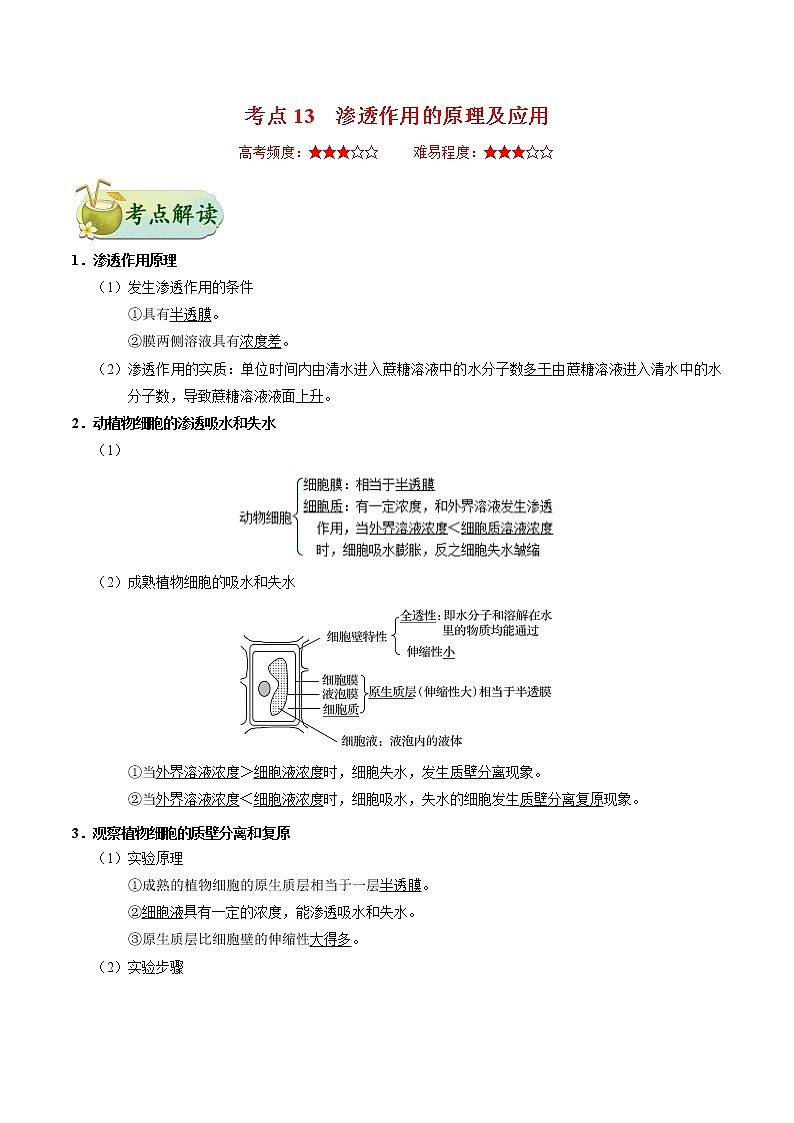 高中生物高考考点13 渗透作用的原理及应用-备战2022年高考生物考点一遍过第1页