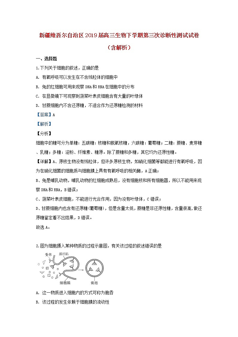 高中生物高考新疆维吾尔自治区2019届高三生物下学期第三次诊断性测试试卷（含解析）01