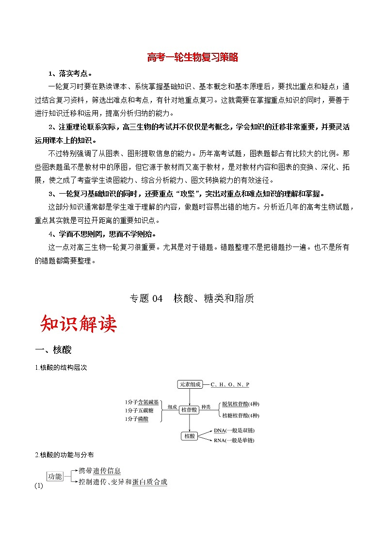 高考生物一轮复习重难点专项 专题04 核酸、糖类和脂质01