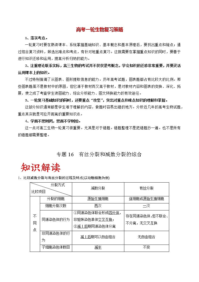 高考生物一轮复习重难点专项 专题16 有丝分裂和减数分裂的综合01