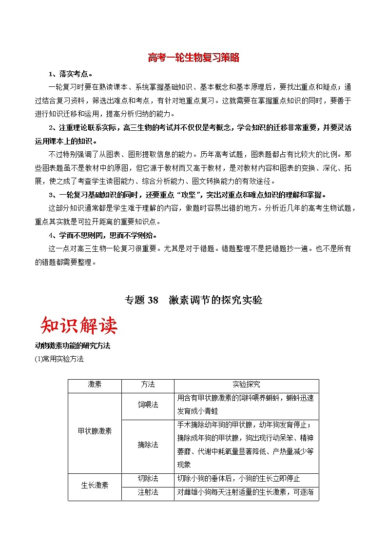 高考生物一轮复习重难点专项 专题38 激素调节的探究实验01