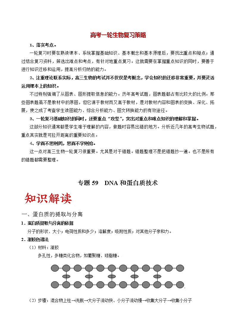 高考生物一轮复习重难点专项 专题59 DNA和蛋白质技术01