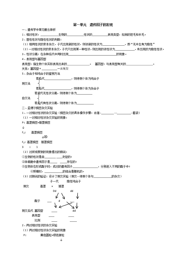高中生物高考专题1 遗传因子的发现、基因与染色体的关系-【复习宝典】2021年高考生物必修知识点归纳（默写版）第1页