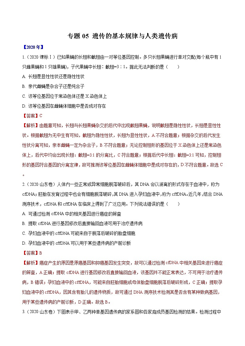 高中生物高考专题05 遗传的基本规律与遗传病-十年（2011-2020）高考真题生物分项详解（解析版）第1页