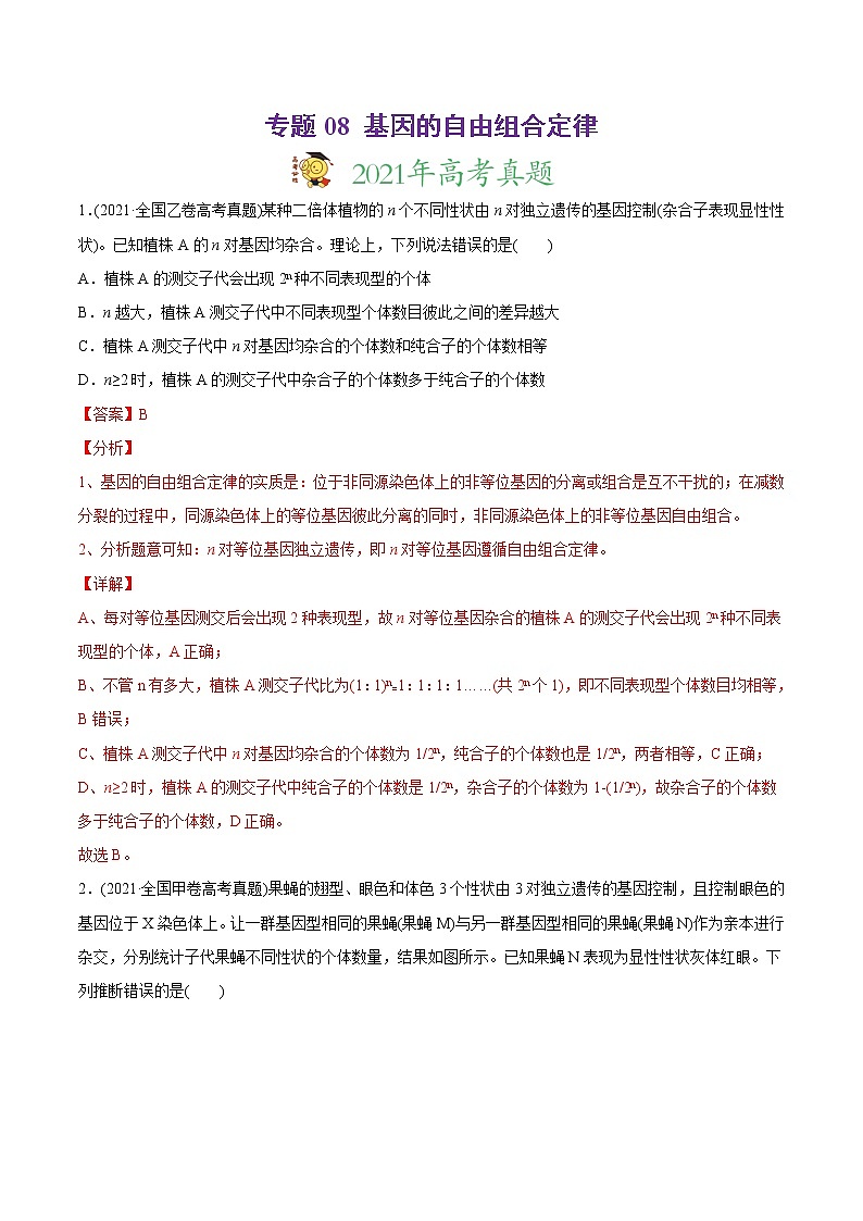 高中生物高考专题08 基因的自由组合定律-2021年高考生物真题与模拟题分类训练（教师版含解析）第1页
