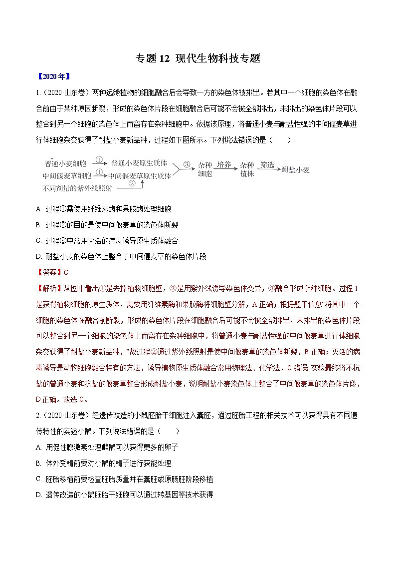 高中生物高考专题12 现代生物科技专题-十年（2011-2020）高考真题生物分项详解（解析版）第1页