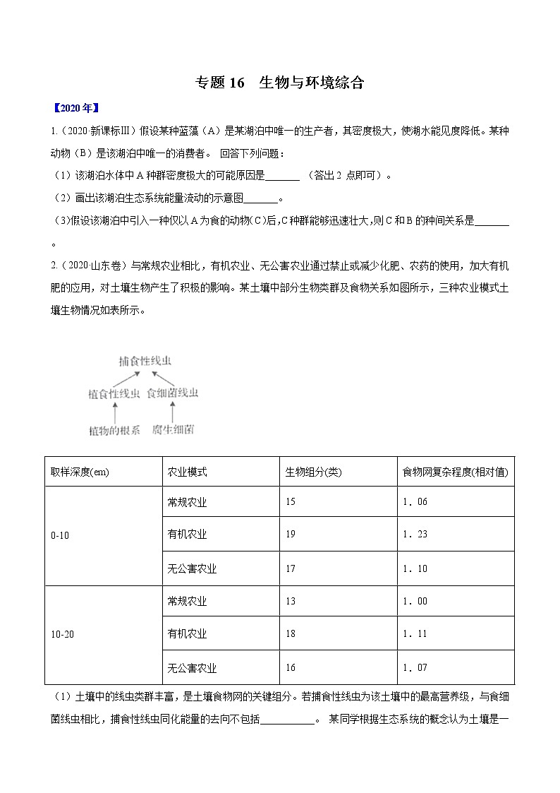 高中生物高考专题16 生物与环境综合-十年（2011-2020）高考真题生物分项详解（原卷版）第1页