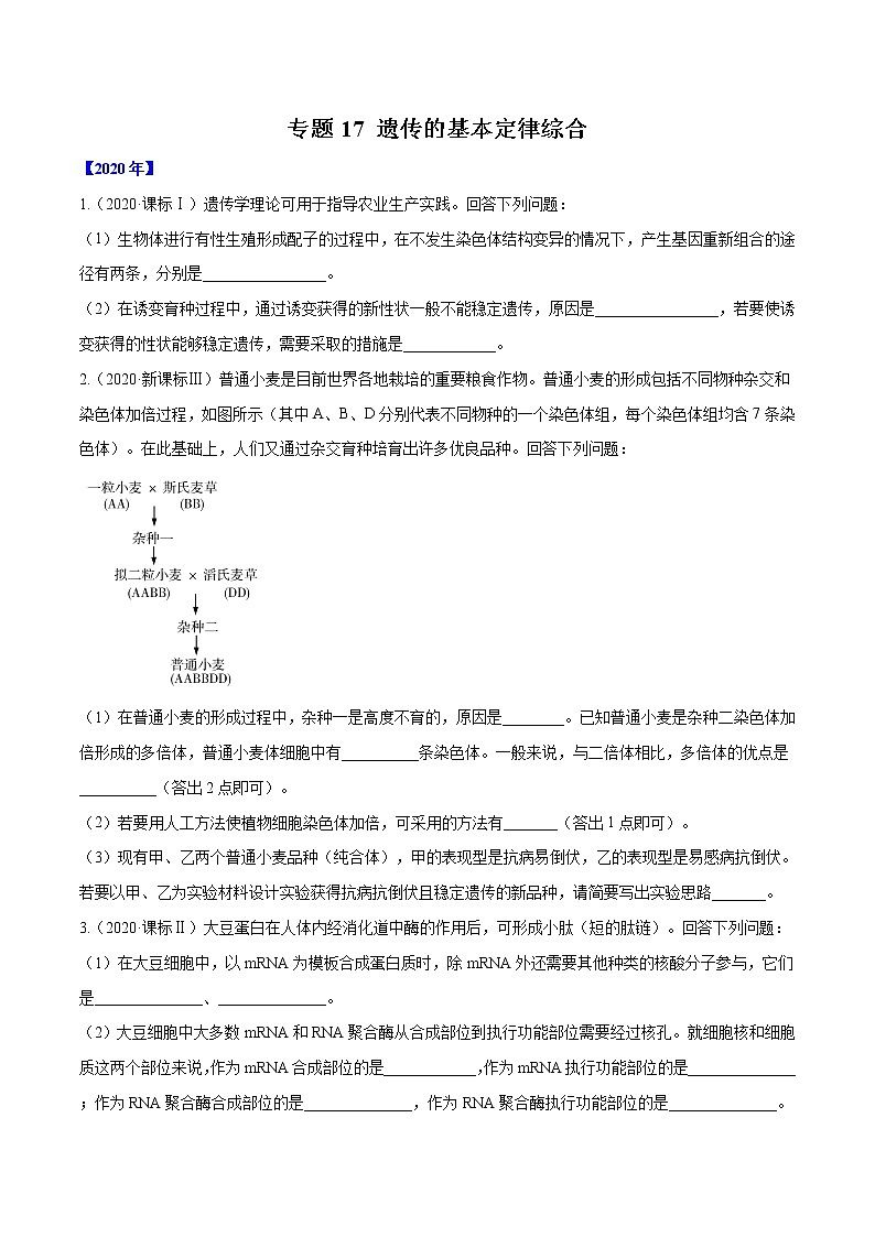高中生物高考专题17 遗传的基本定律综合-十年（2011-2020）高考真题生物分项详解（原卷版）01