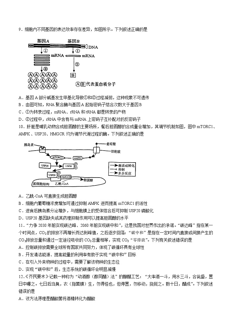 2023天津市部分区高三下学期质量调查（一）（一模）生物试题含答案03