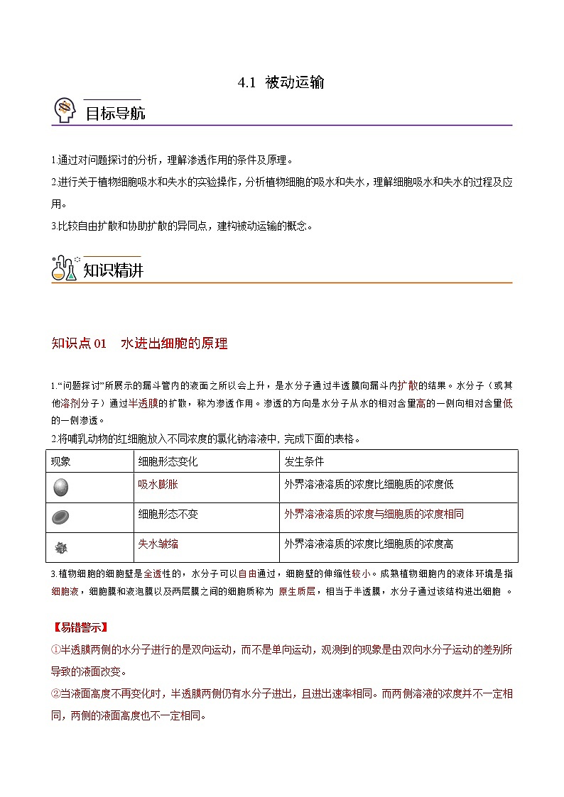 4.1 被动运输（学生版）-高一生物同步精品讲义（人教2019必修1）第1页