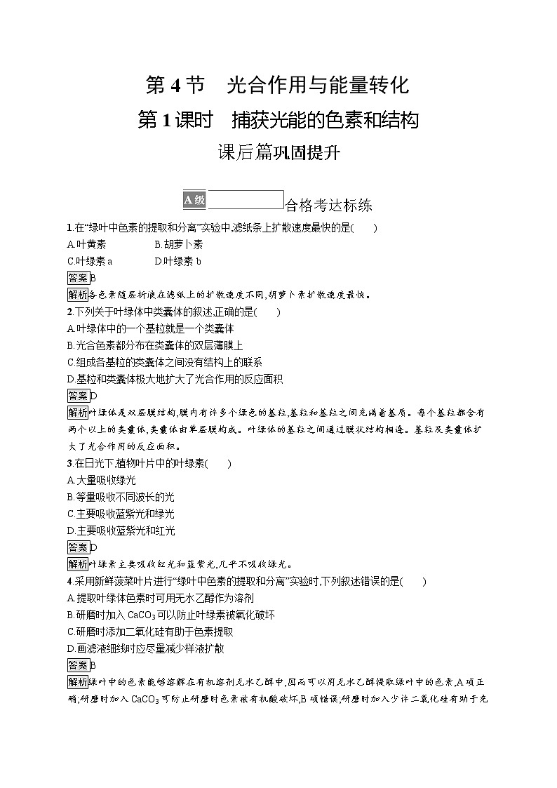 第5章　细胞的能量供应和利用 第4节　第1课时　捕获光能的色素和结构 试卷01