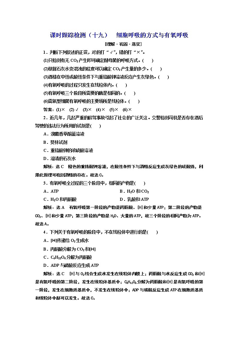 课时跟踪检测（十九）  细胞呼吸的方式与有氧呼吸第1页