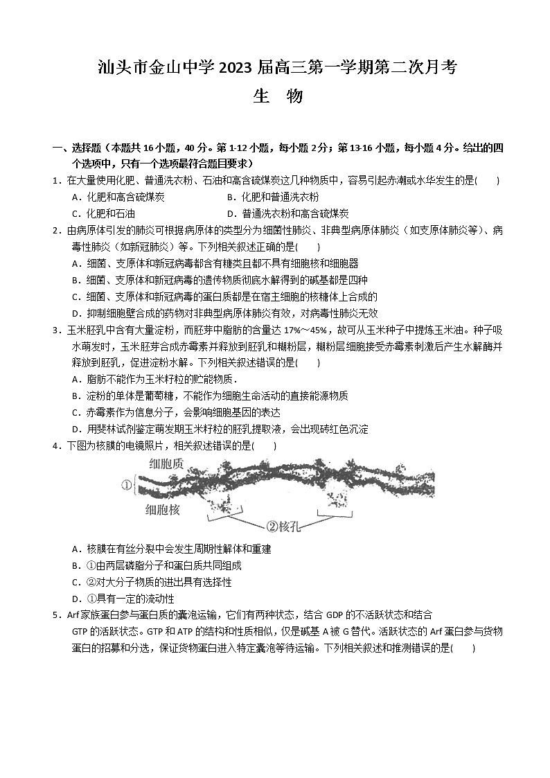 2022-2023学年广东省汕头市金山中学高三上学期第二次月考试题生物含答案01