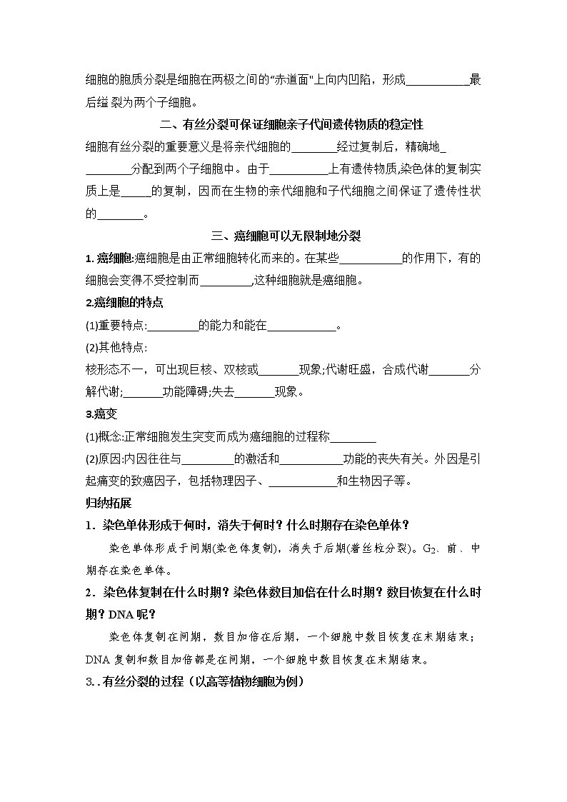 4.1+细胞通过分裂增殖+第二课时+染色体在有丝分裂过程中呈现规律性变化和癌细胞+学案浙科版（2019）高中生物必修一第2页