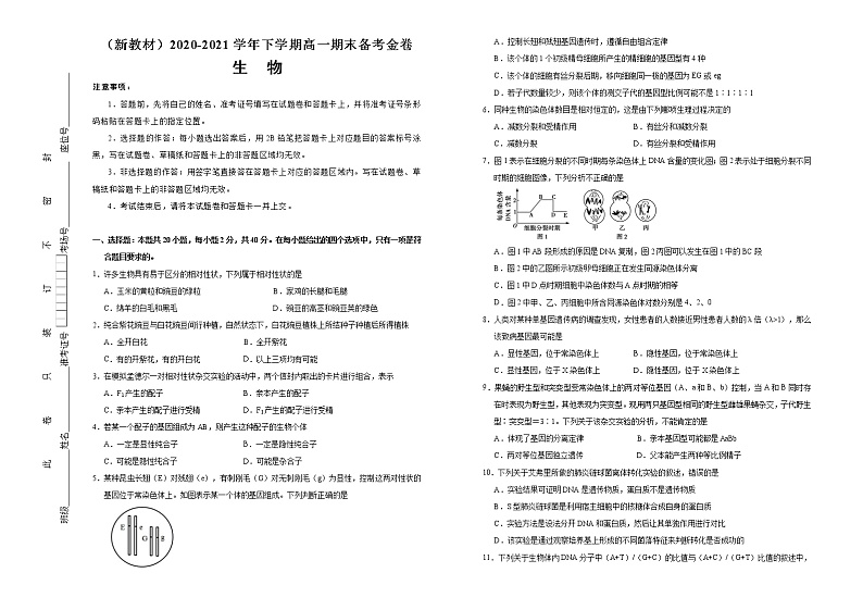高中生物第二册 （新教材）2020-2021学年下学期高一期末备考金卷 生物 (无答案)第1页