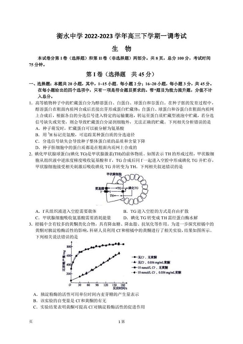 2022-2023学年河北省衡水中学高三下学期一调考试（月考）生物学试题PDF版含答案01