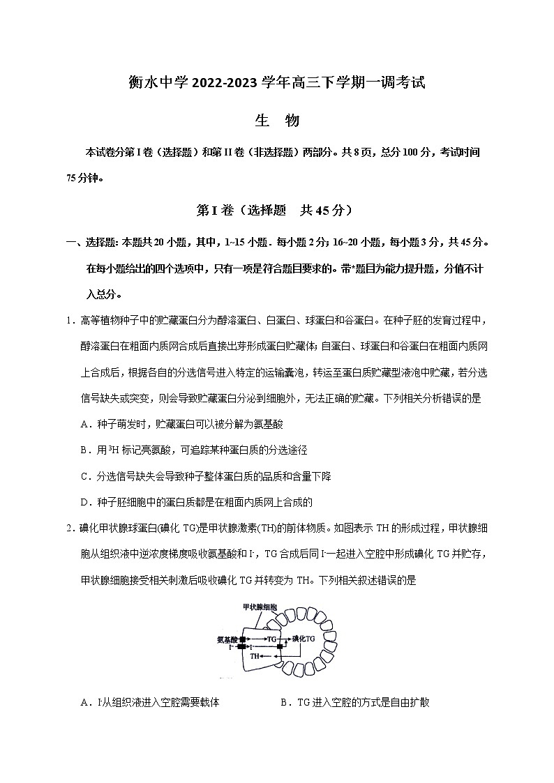 2022-2023学年河北省衡水中学高三下学期一调考试（月考）生物学试题含答案01