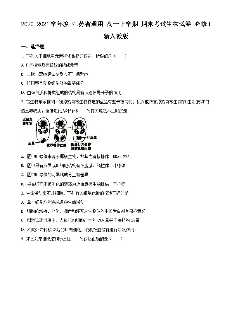 高中生物第一册 精品解析江苏省南通市2020-2021学年期末生物试题（新人教版）（无答案）01