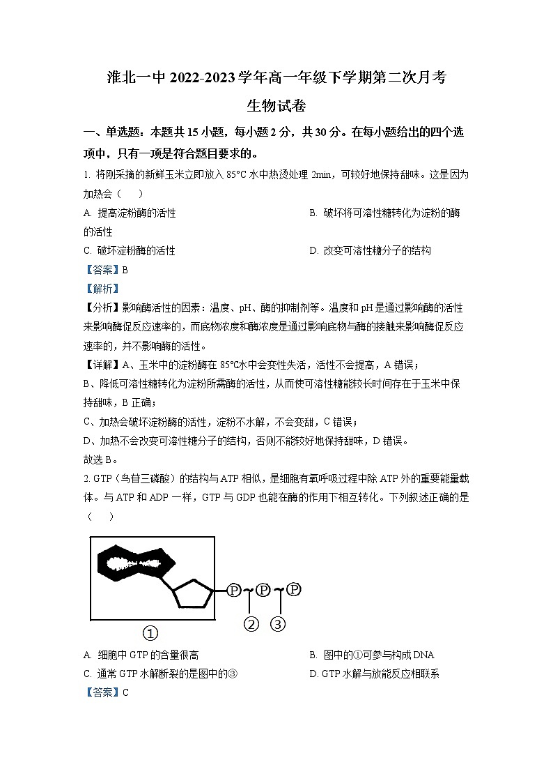 安徽省淮北市第一中学2022-2023学年高一生物下学期第二次月考试题（Word版附解析）01