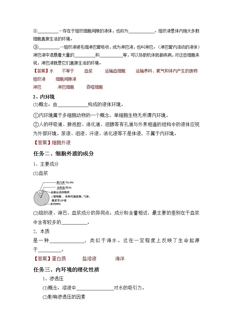 1.1 细胞生活的环境 导学案 人教版（2019）高中生物选择性必修1第2页
