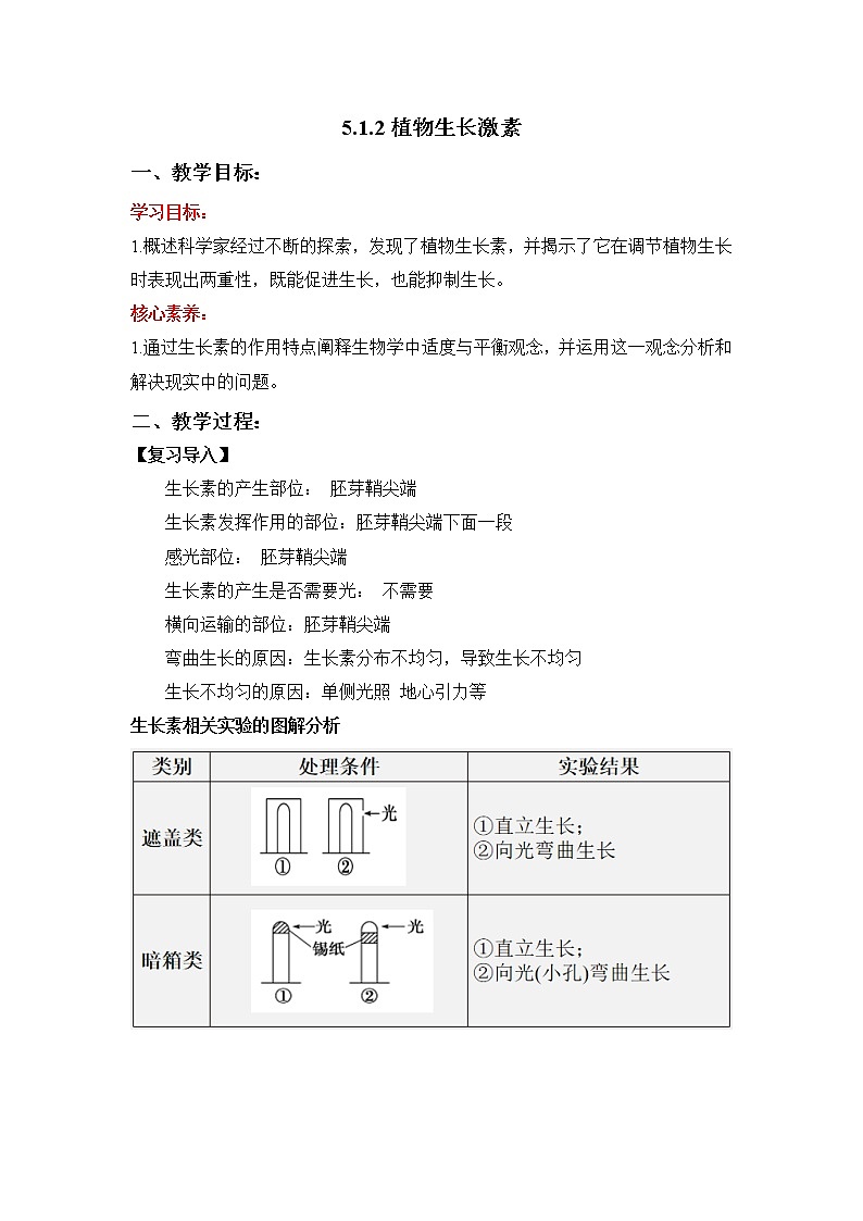 5.1.2 植物生长激素 教学设计 人教版（2019）高中生物选择性必修1第1页