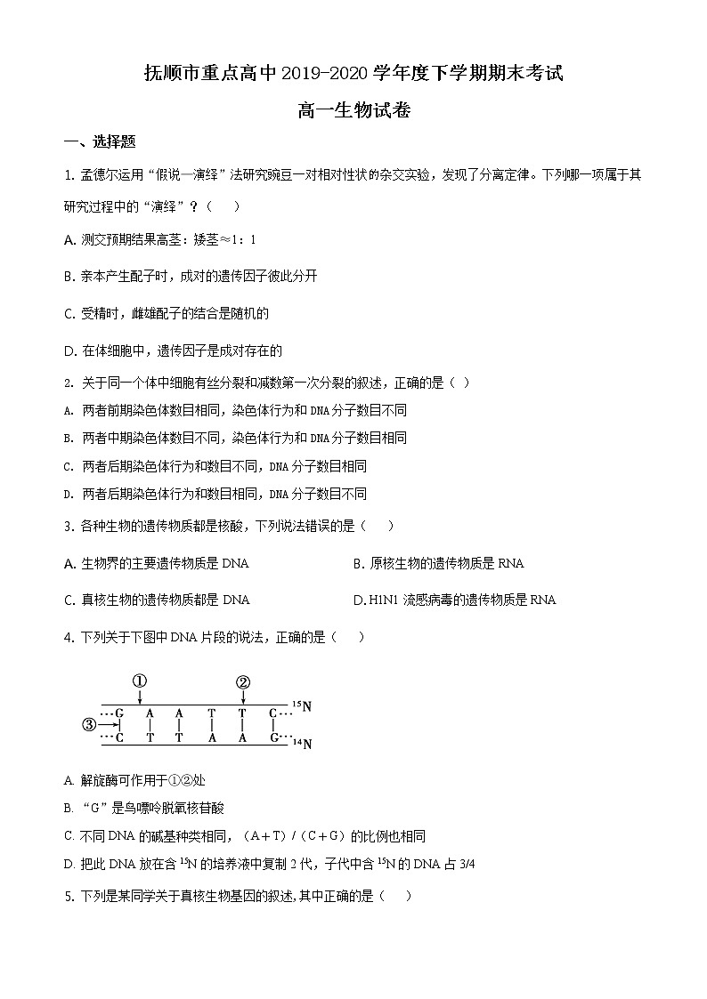 高中生物第二册 精品解析 辽宁省抚顺市重点高中2019-2020学年高一下学期期末生物试题（无答案）01