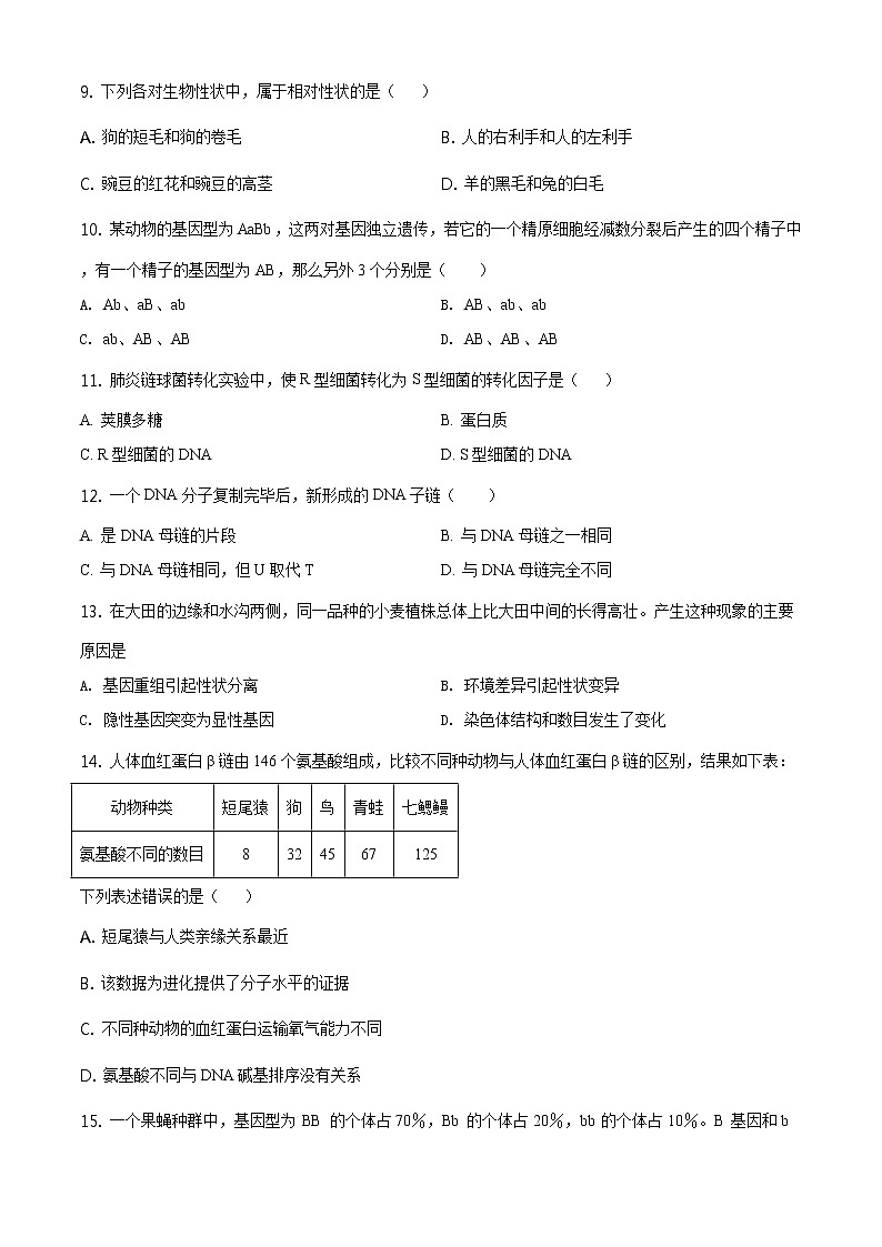高中生物第二册 精品解析 北京市平谷区2019-2020学年高一下学期期末质量检测生物试题（无答案）02
