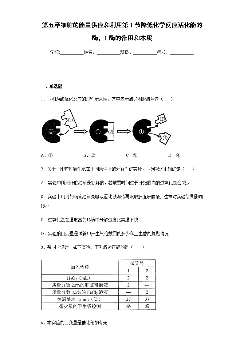 高中生物第一册 5 1 降低化学反应活化能的酶，1酶的作用和本质 练习01