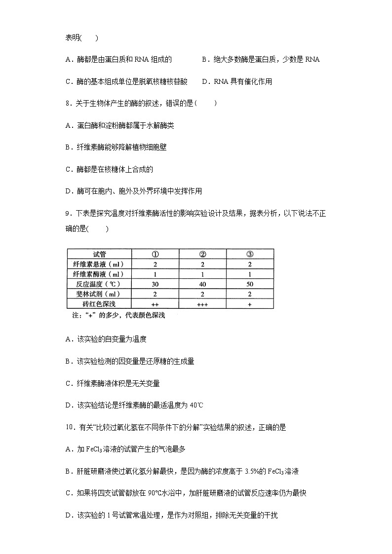 高中生物第一册 5 1 降低化学反应活化能的酶，1酶的作用和本质 练习03