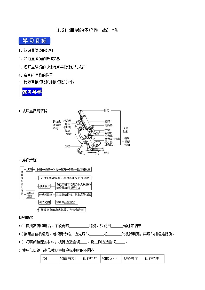高中生物第一册 1 2 1 细胞的多样性和统一性 导学案第1页
