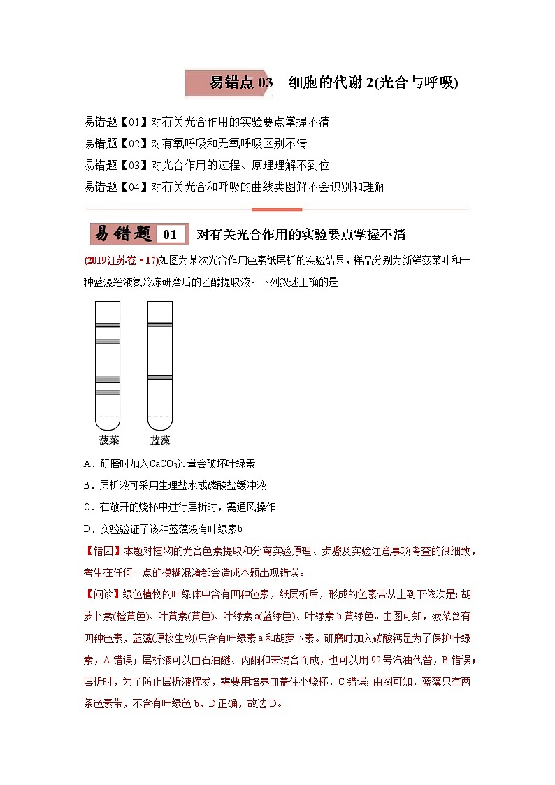 高中生物高考易错点03 细胞的代谢2（光合与呼吸）-2021年高考生物一轮复习易错题（教师版含解析）第1页