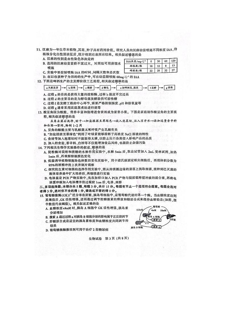 2023南通二模（苏北七）高三下学期第二次调研测试生物PDF含答案第3页