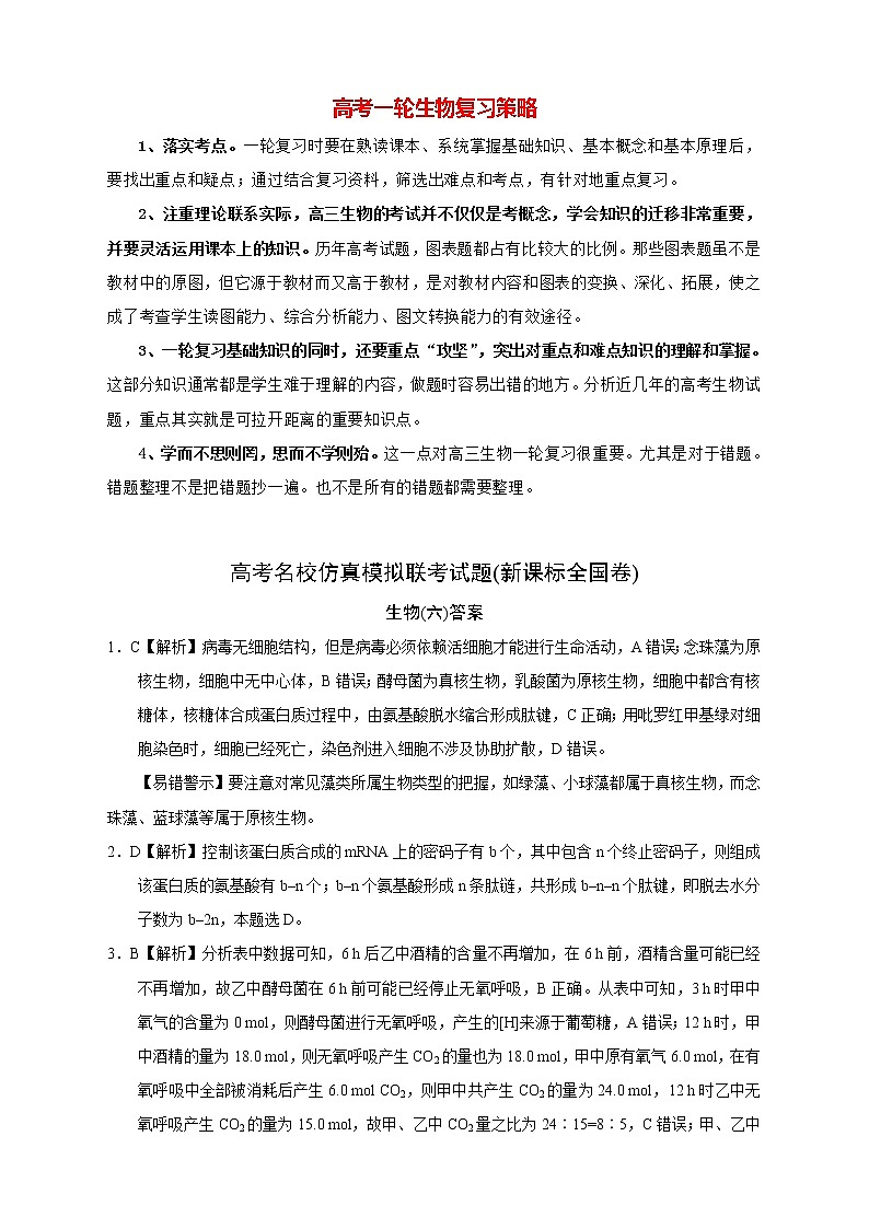 【高考生物模拟】高考名校仿真模拟联考试题（新课标全国卷）（06）01
