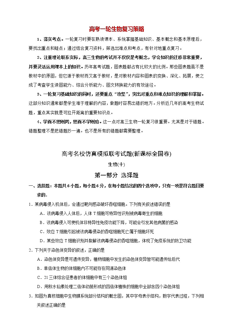 【高考生物模拟】高考名校仿真模拟联考试题（新课标全国卷）（10）01