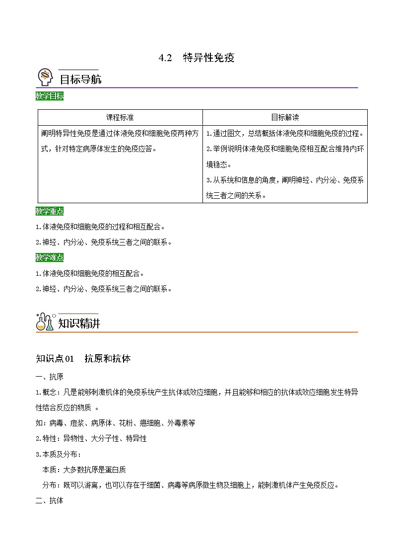 4.2 特异性免疫（教师版）-高二生物同步精品讲义（人教版2019选择性必修1）01