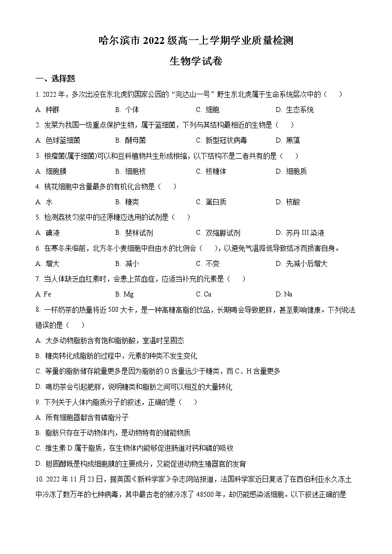 2023省哈尔滨高一上学期期末生物试题含答案01