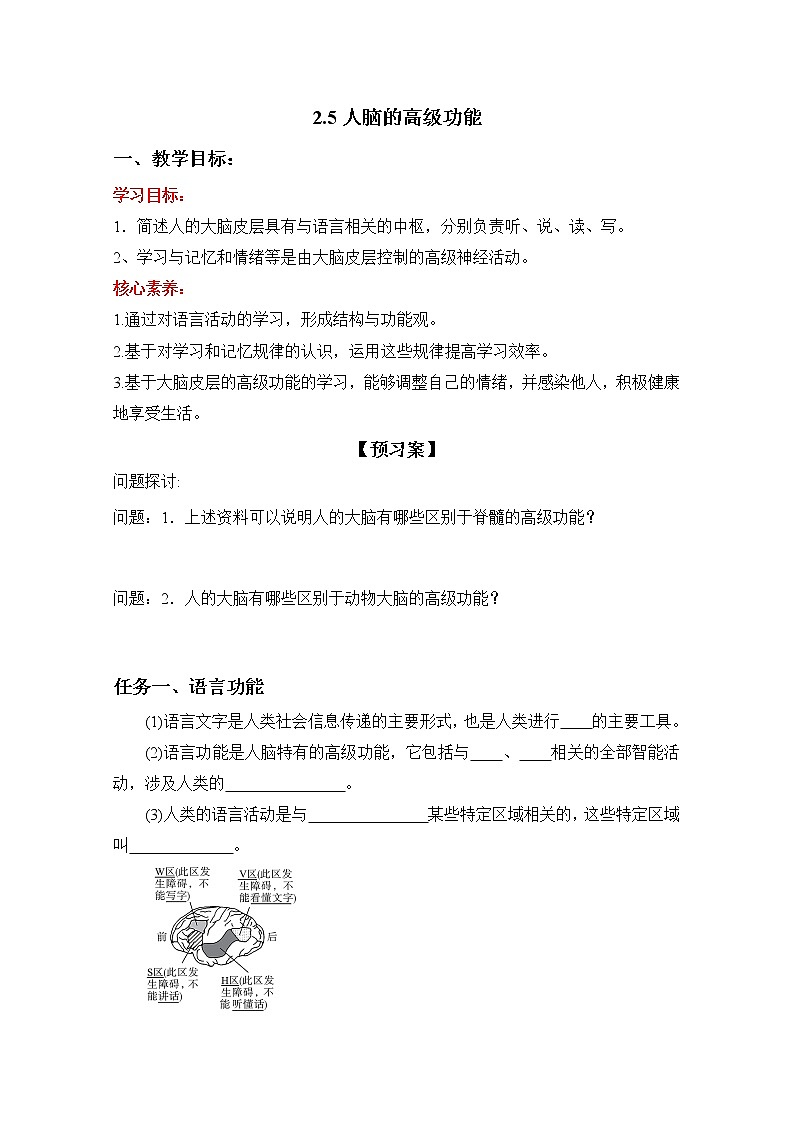 高中生物选择性必修一   2 5 人脑的高级功能（导学案）生物学同步精品课堂01