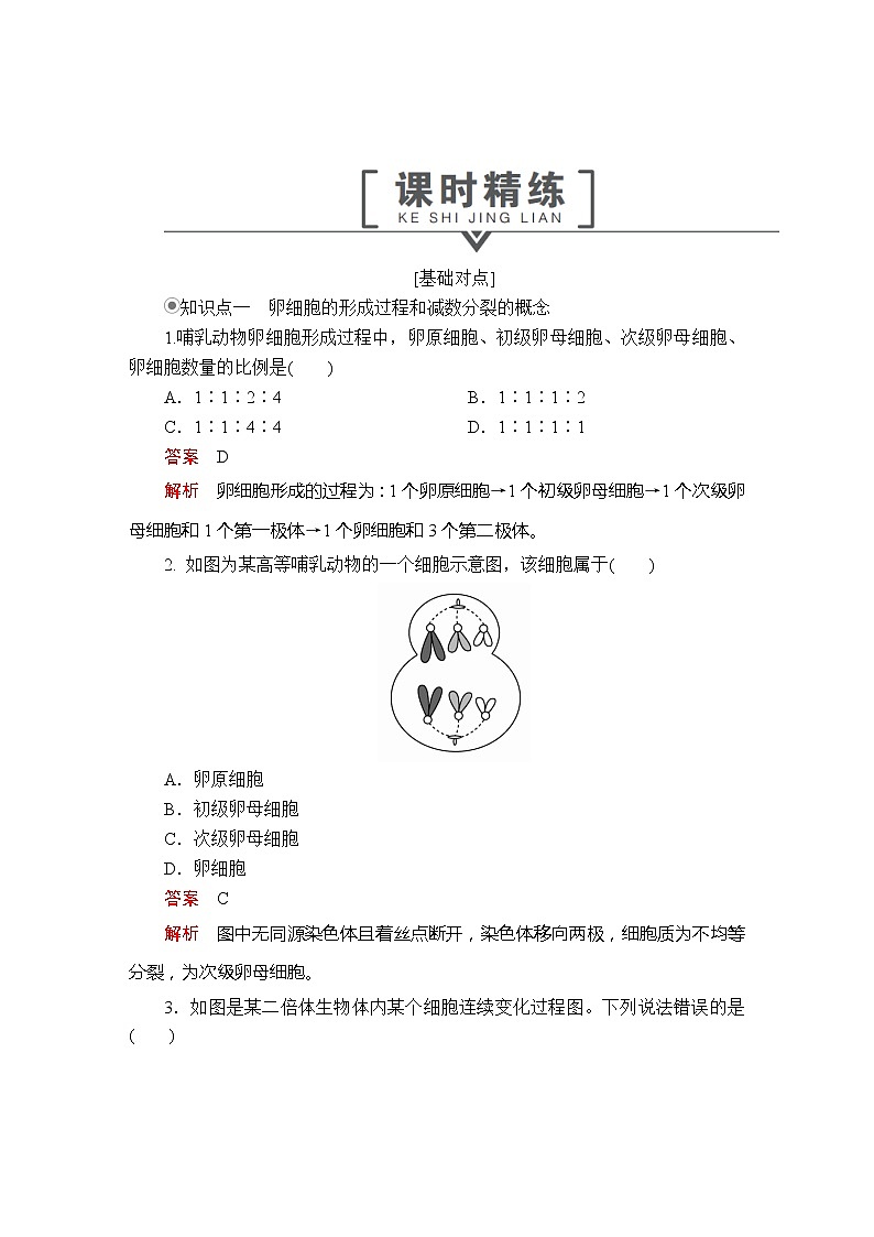高中生物第二册 第2章 第1节 减数分裂和受精作用 第2课时  课时精练01