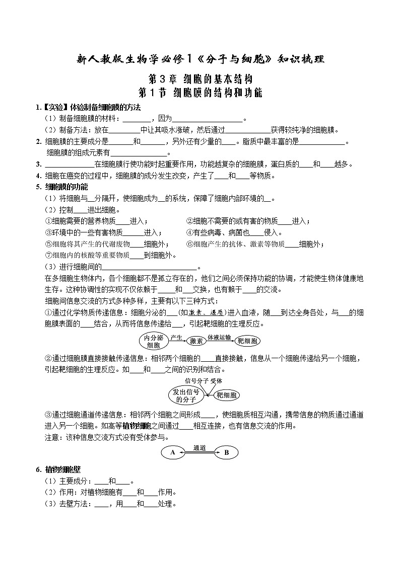 第3章 细胞的基本结构-【必背知识】2021-2022学年高一生物章节知识梳理（人教版2019必修1）（无答案）第1页