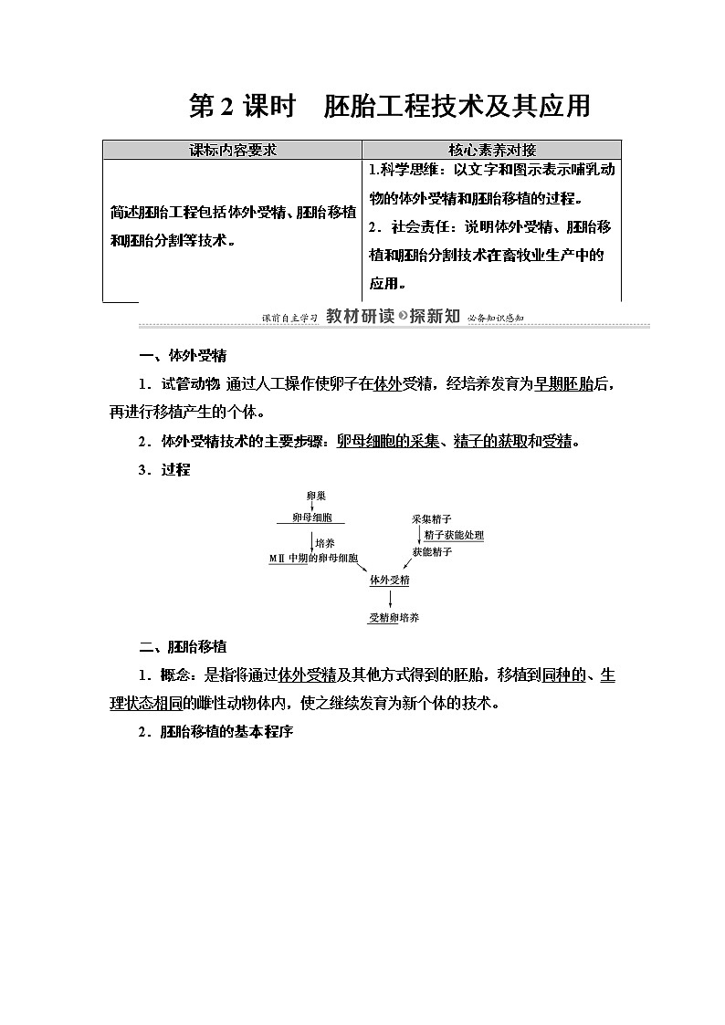 高中生物选择性必修三  第2章 第3节 第2课时 胚胎工程技术及其应用 讲义第1页
