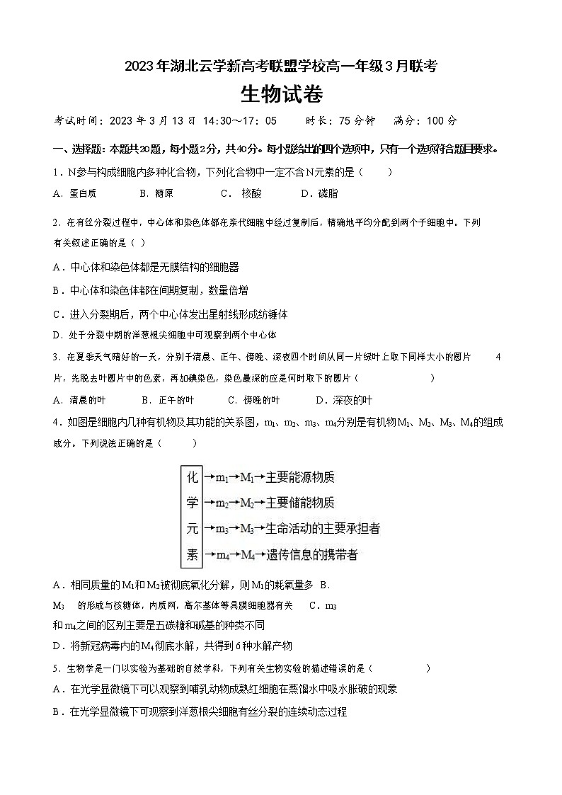 2023湖北省云学新高考联盟学校高一3月联考生物试题含答案01