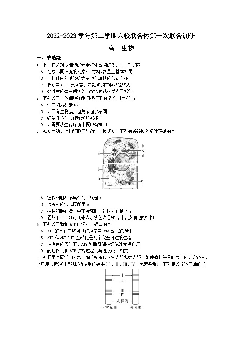 2023南京六校联合体高一下学期3月联考试题生物含答案01